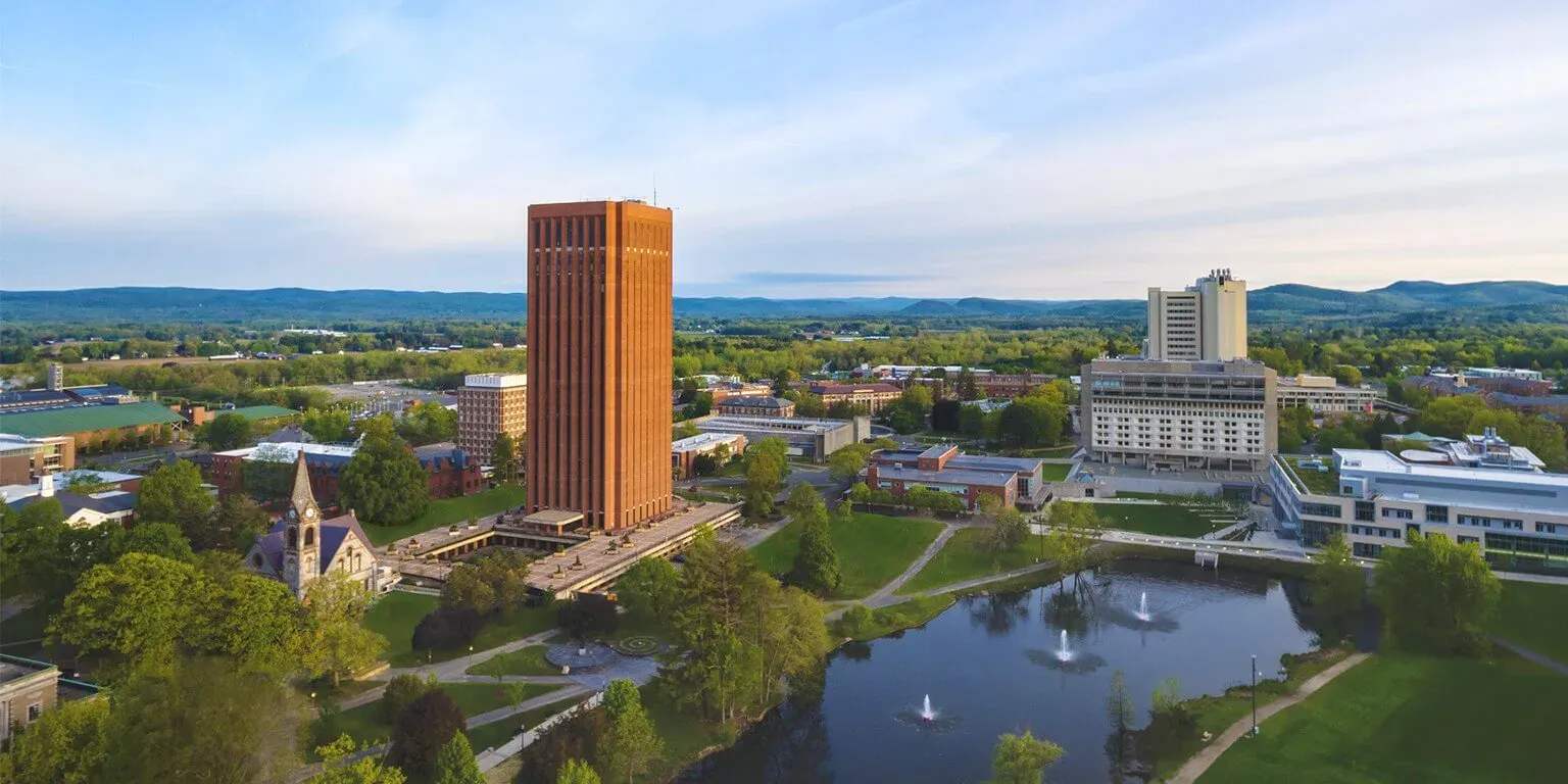 Aerial view of the UMass Amherst campus